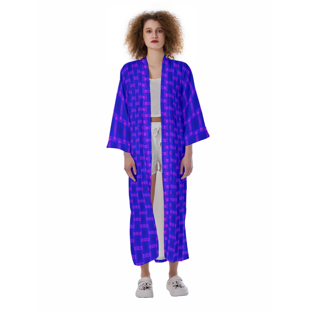 All-Over Print Women's Blue Satin Kimono Long Robe