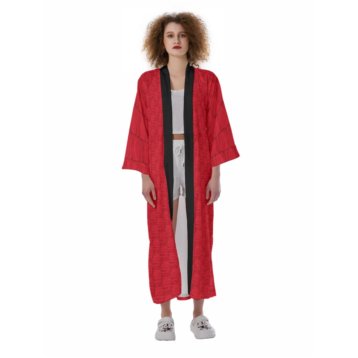 Red All-Over Print Women's Satin Kimono Long Robe