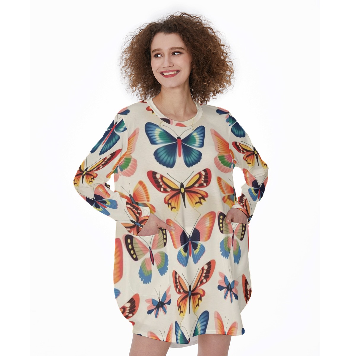 The Grand Archduchess of Infinite Pocketdom All-Over Print Women's Casual Loose Long Sleeve Dress With Pocket