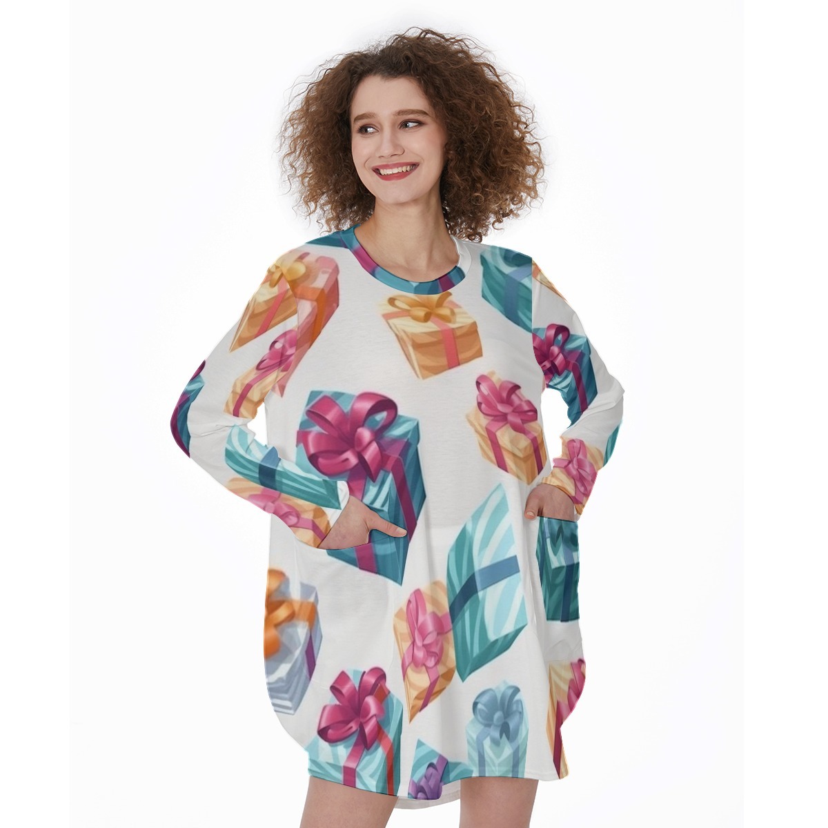 The Utility Glamour Dress All-Over Print Women's Casual Loose Long Sleeve Dress With Pocket