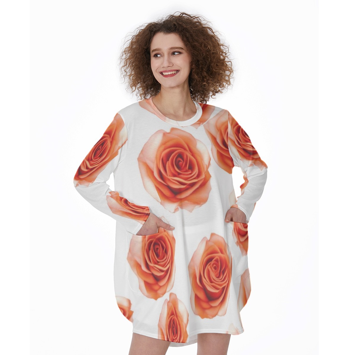 The Grandeur Garb All-Over Print Women's Casual Loose Long Sleeve Dress With Pocket