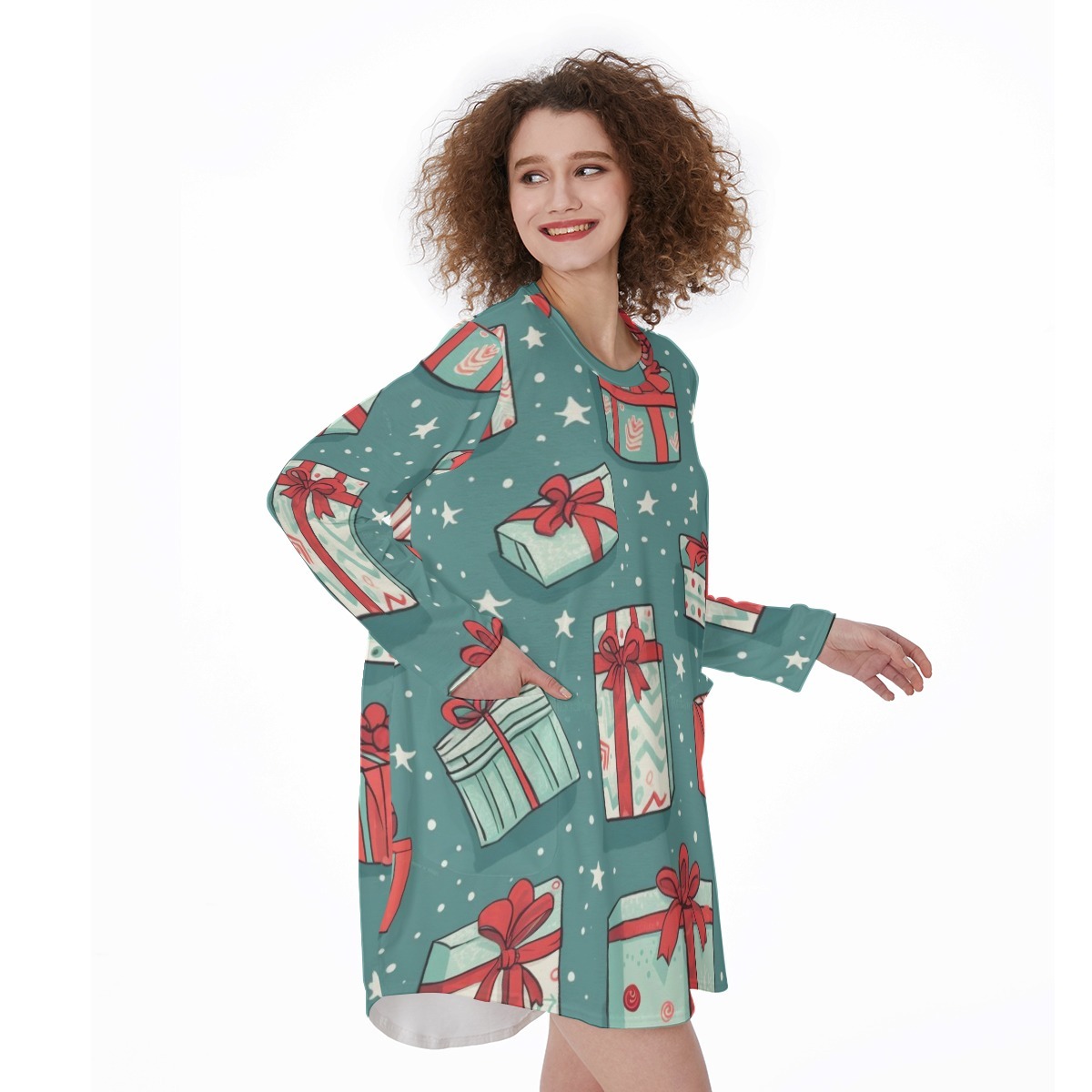 Caché de Luxe All-Over Print Women's Casual Loose Long Sleeve Dress With Pocket