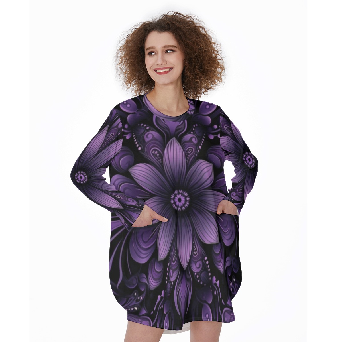 The Sovereign’s Stowaway All-Over Print Women's Casual Loose Long Sleeve Dress With Pocket