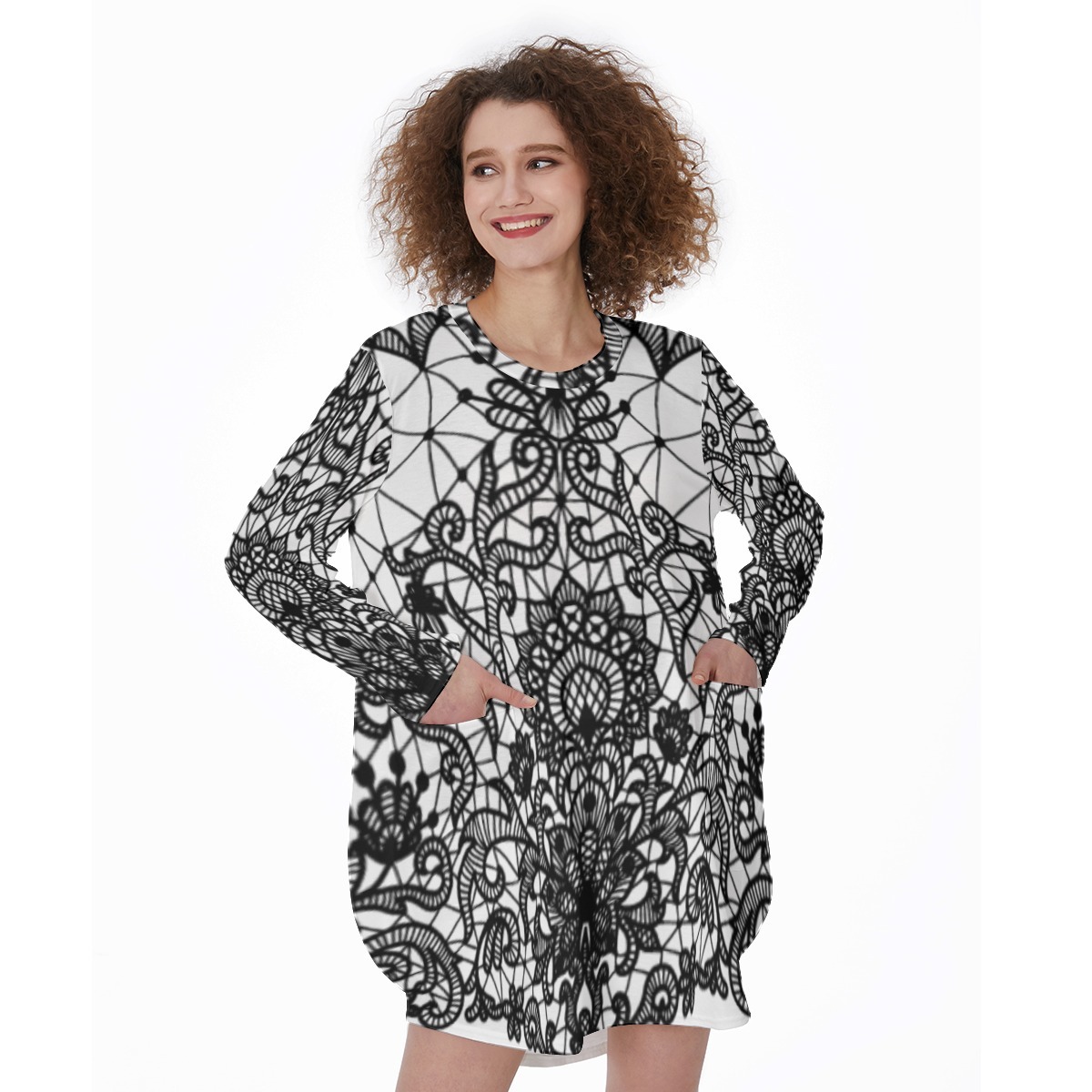 The Hands-Free Hustler All-Over Print Women's Casual Loose Long Sleeve Dress With Pocket