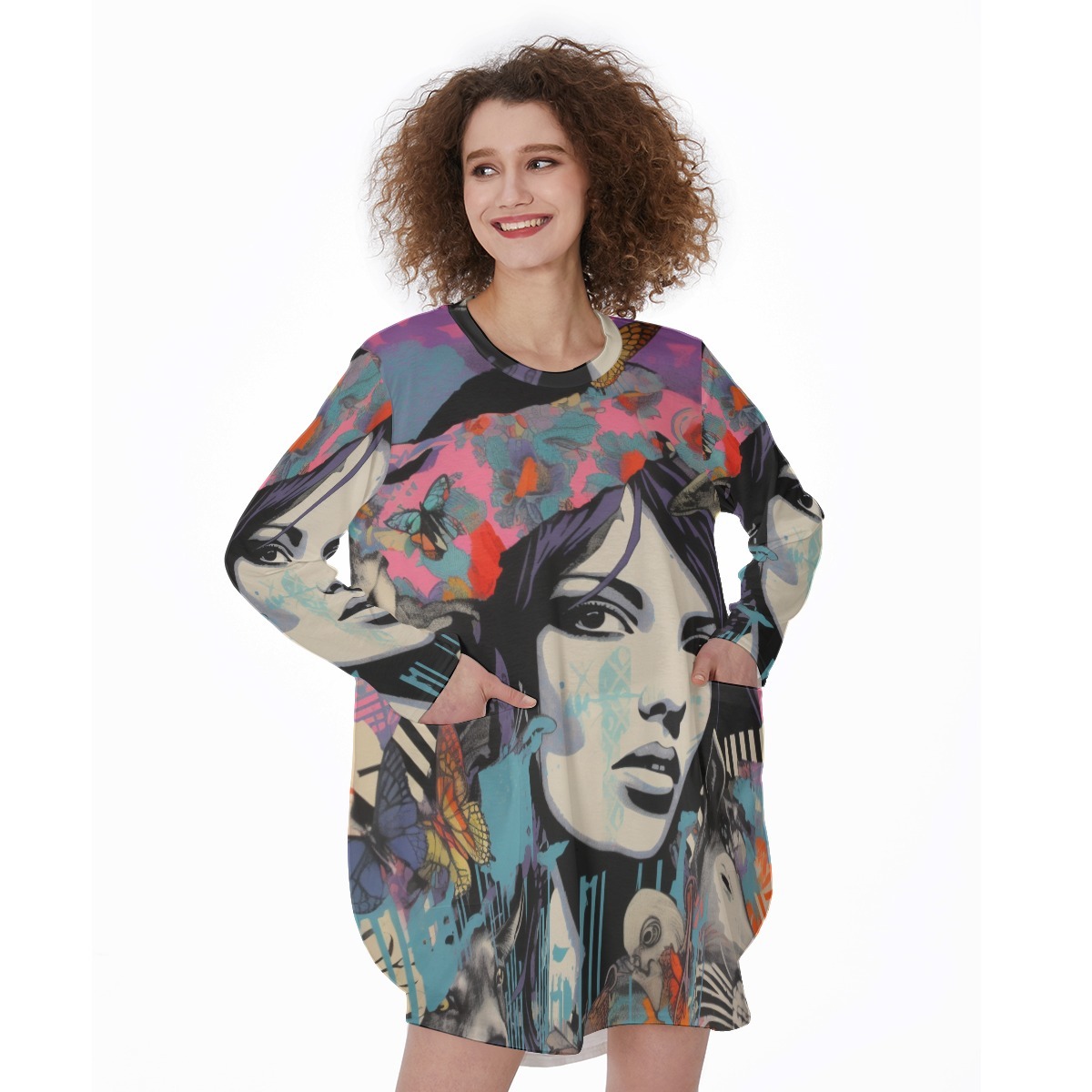 Scepter and Stash Silhouette All-Over Print Women's Casual Loose Long Sleeve Dress With Pocket