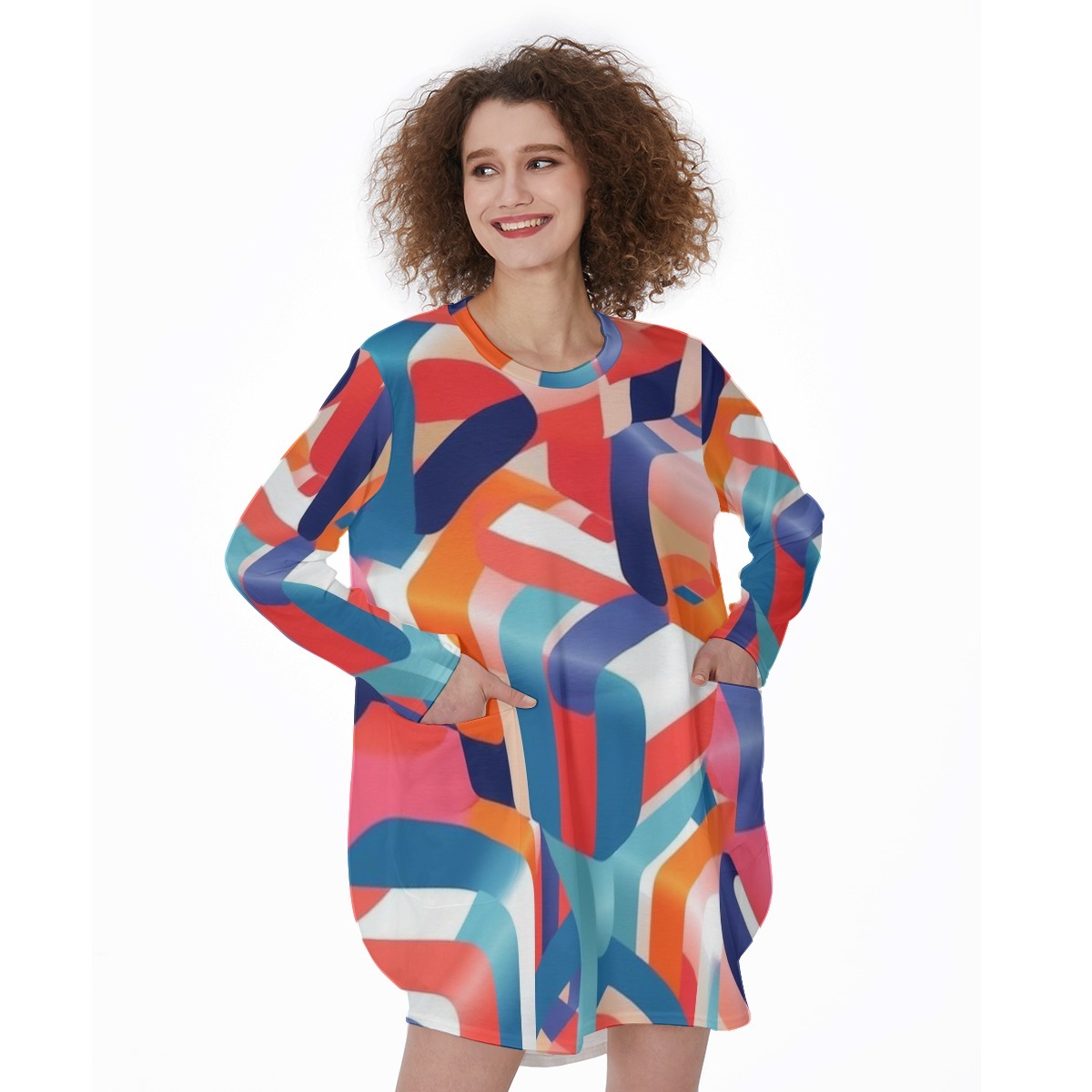 Stash ‘n’ Twirl Delight All-Over Print Women's Casual Loose Long Sleeve Dress With Pocket