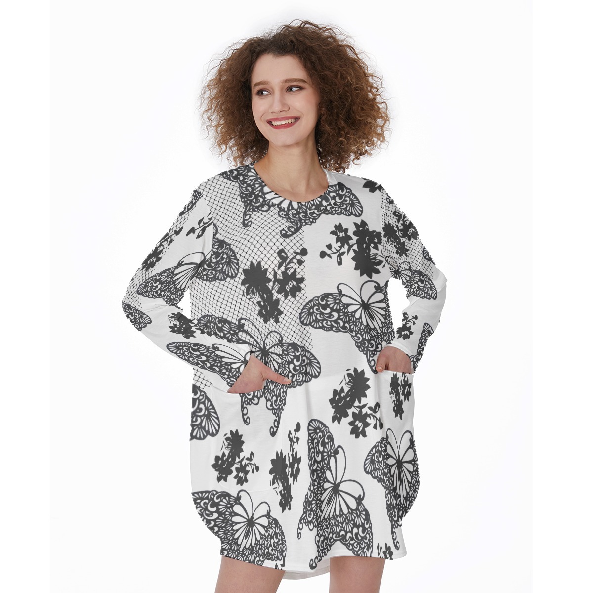 The Élysée Ensemble All-Over Print Women's Casual Loose Long Sleeve Dress With Pocket