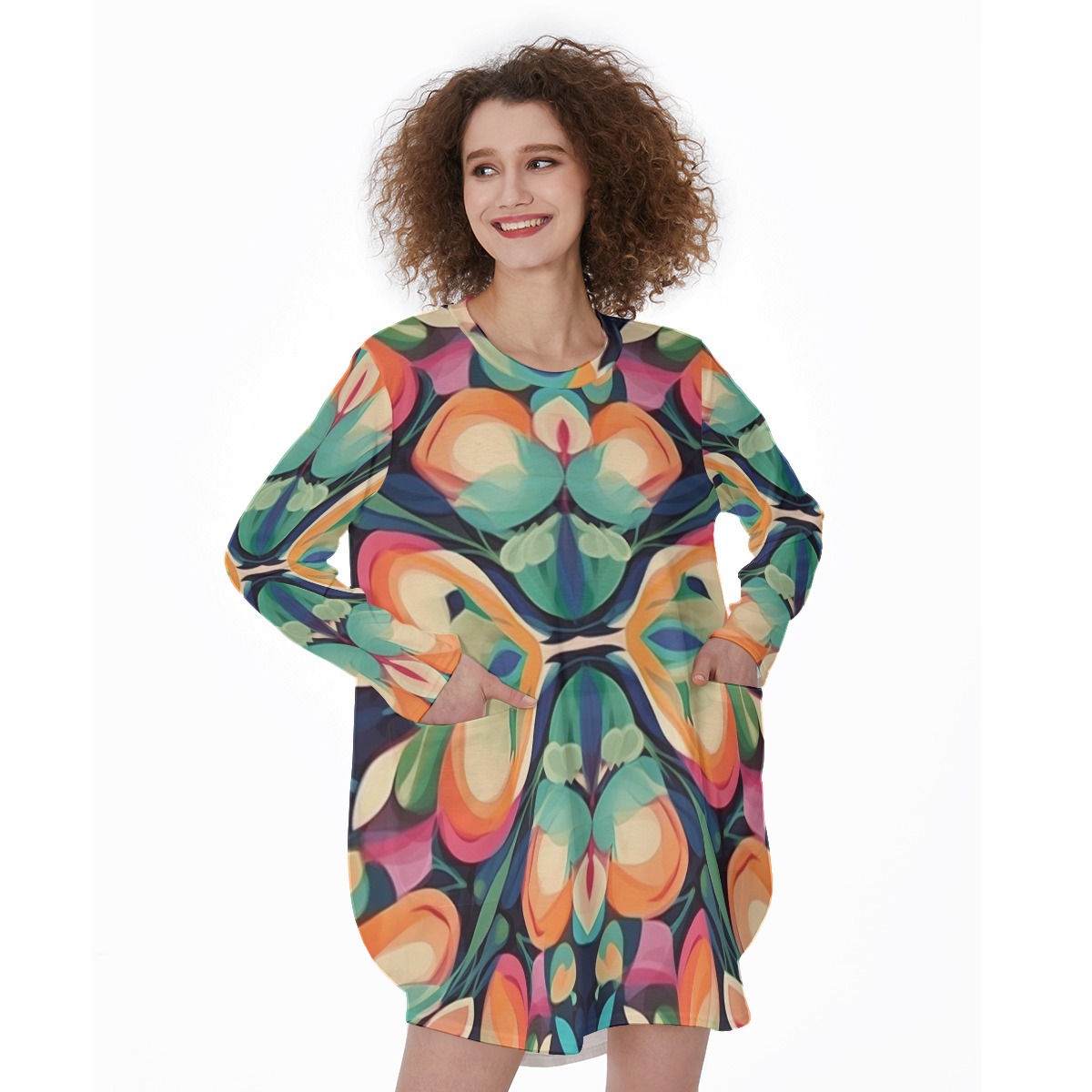 Majestic Trinket Transporter All-Over Print Women's Casual Loose Long Sleeve Dress With Pocket