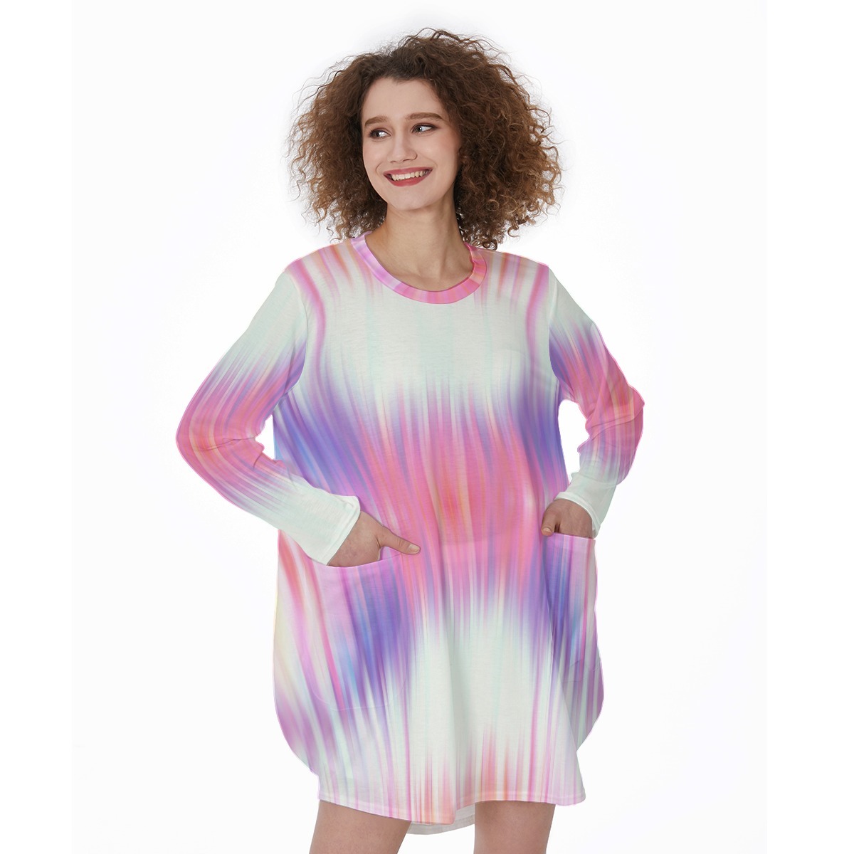 Satin Secrets Gown All-Over Print Women's Casual Loose Long Sleeve Dress With Pocket