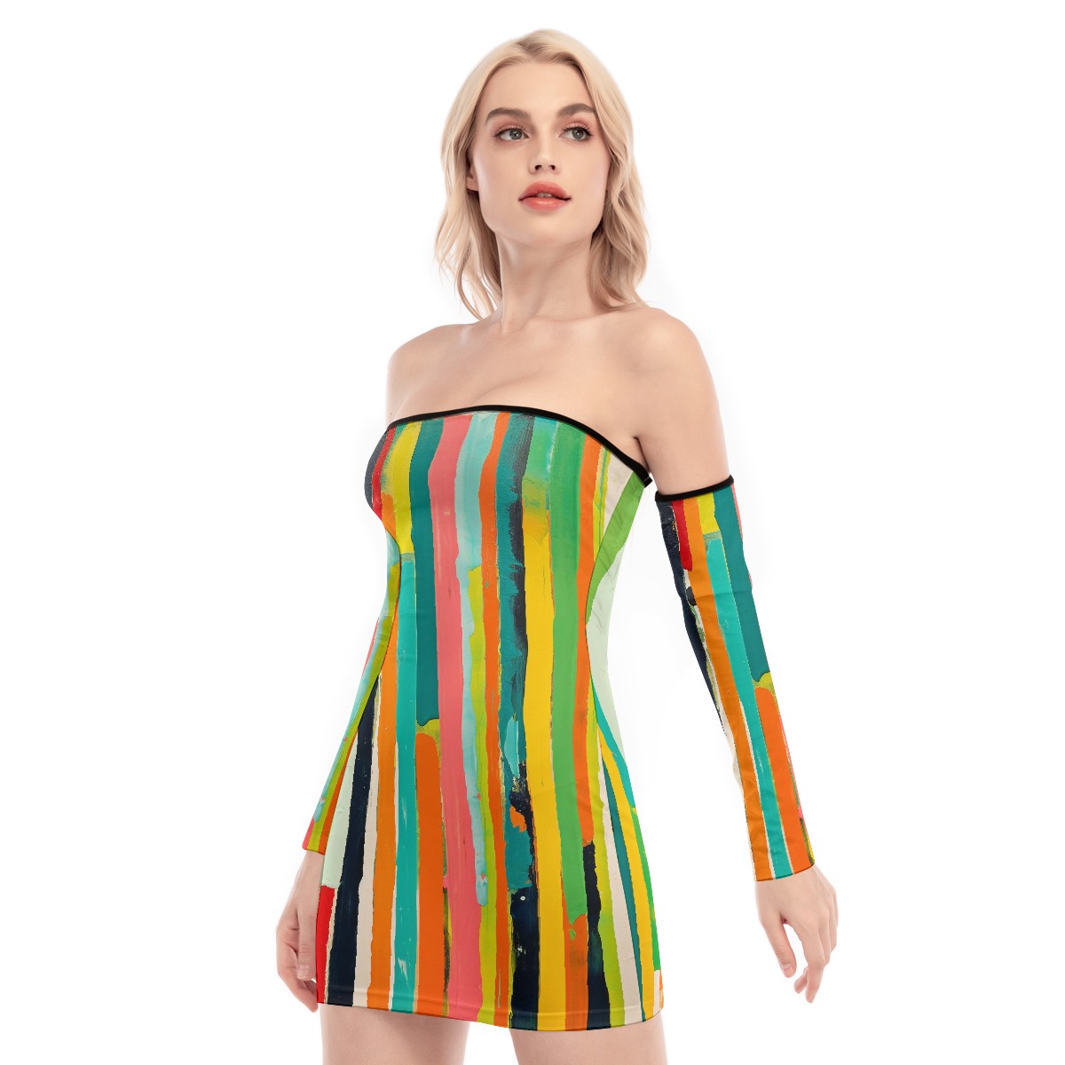 Abstract Paint Stripes Sexy Off-Shoulder Tube Top Dress