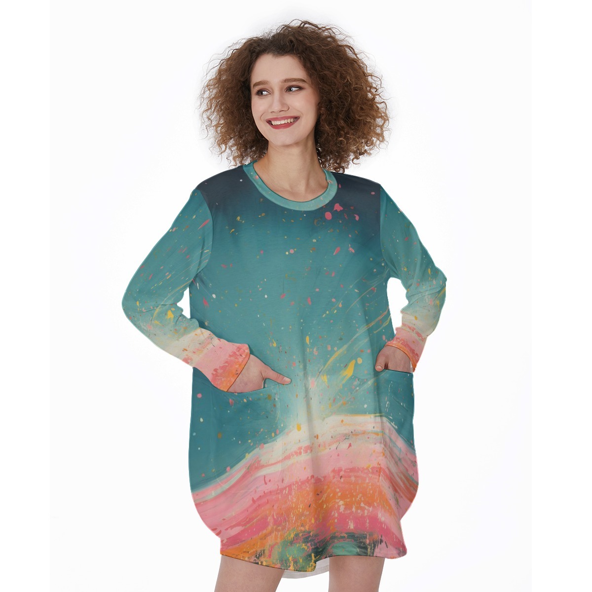 The Secret Keeper Shift All-Over Print Women's Casual Loose Long Sleeve Dress With Pocket