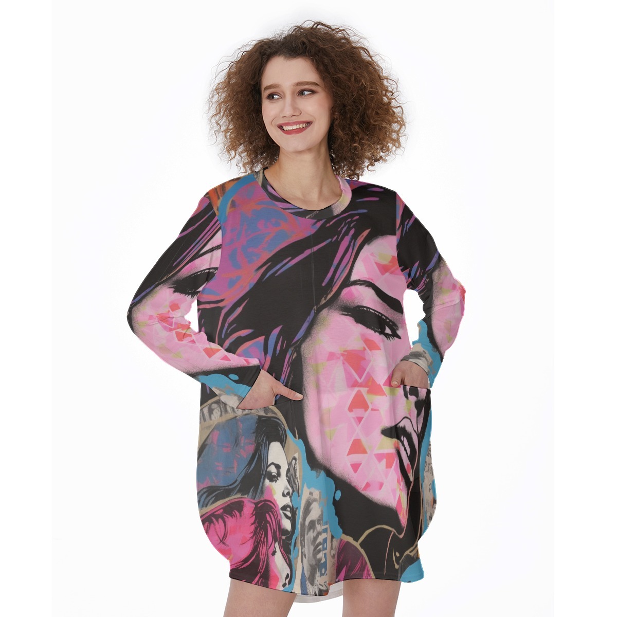 The Queen’s Quirky Cache All-Over Print Women's Casual Loose Long Sleeve Dress With Pocket
