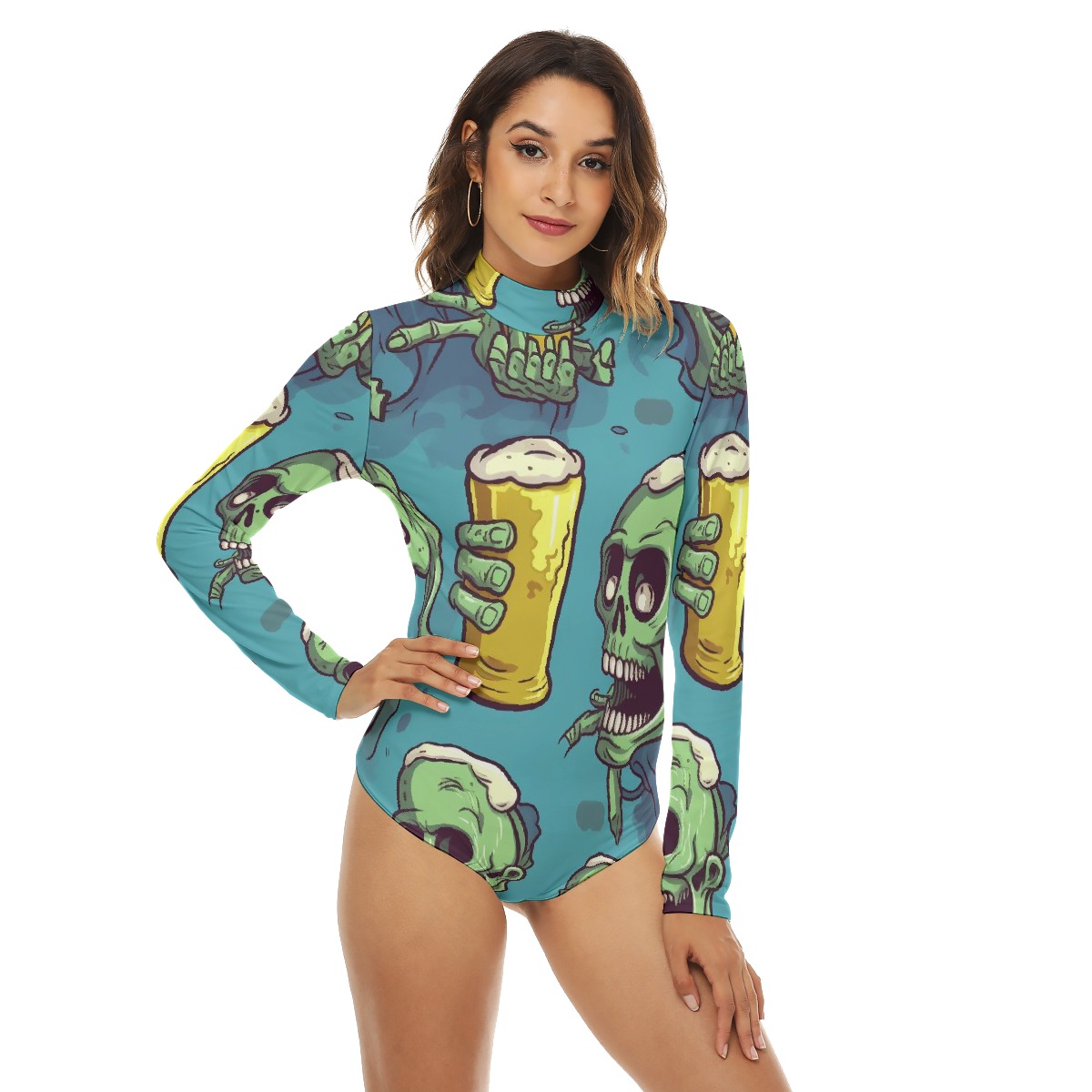 Zombie Drinking Beer Sweater Bodysuit with Turtleneck