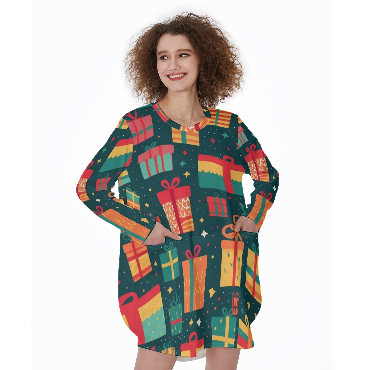 Peek-a-Pocket Princess All-Over Print Women's Casual Loose Long Sleeve Dress With Pocket