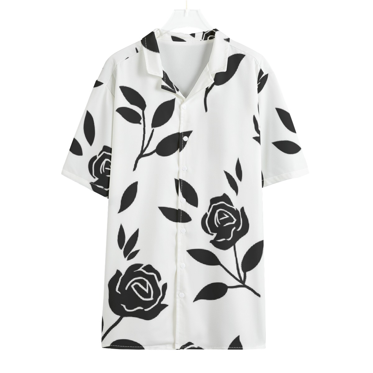 Black Floral White Classic Hawaiian shirt with a Roman collar