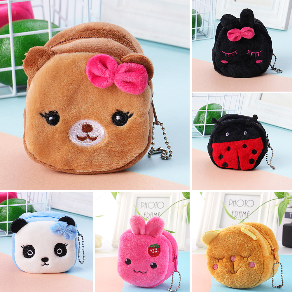 Cartoon Cute Animal Pattern Plush Cube Ladies Small Zipper Coin Purse