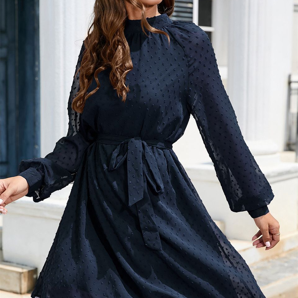 Wedding Guest Formal Long Sleeve Elegant Chiffon Polka Dot Mid-length Dress With Belt