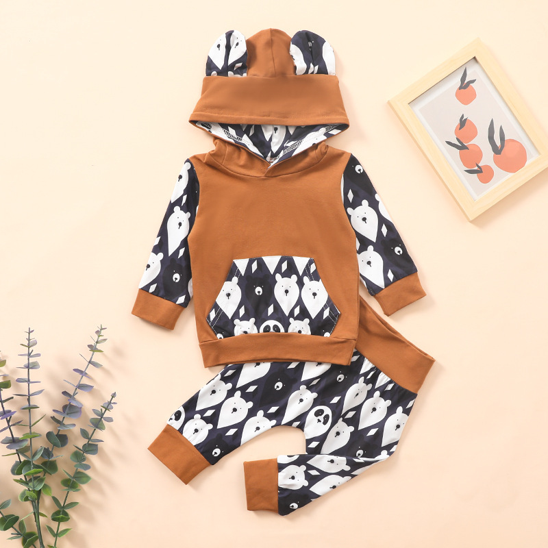 Bear Head Print Hooded Suit-Brown 0-2 Years Old Baby