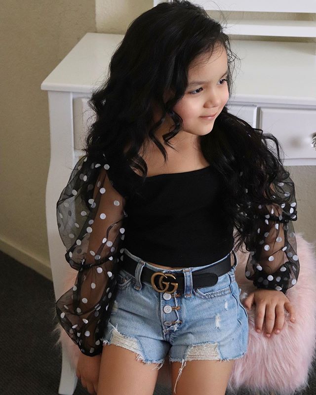 Childrens Clothing Cotton Dot Mesh Sleeves Striped Top Ripped Denim Shorts Kids Suit