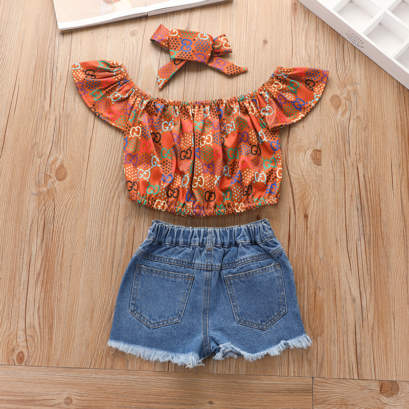 Printed Pullover Denim Shorts Suit Summer Three-piece Children's Clothing Girls Hot Pants Suit