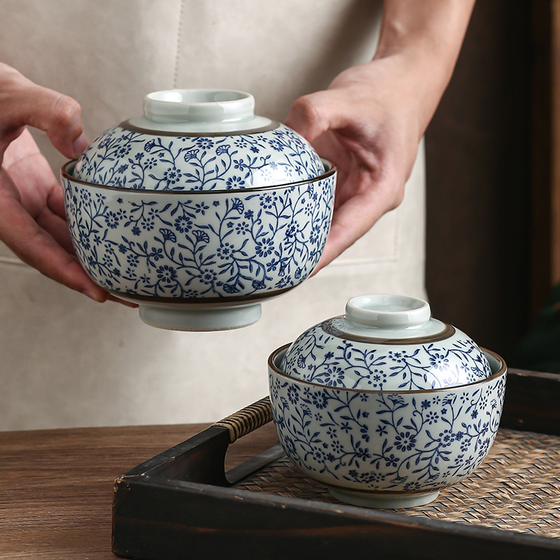 Auspicious Flower Tureen Slow Cooker Ceramic With Lid Steamed Rice Bowl