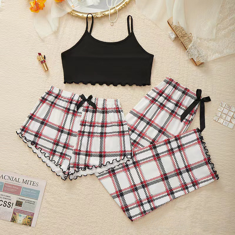 Plaid Pajamas Three-piece Women's Spring And Autumn Home Wear