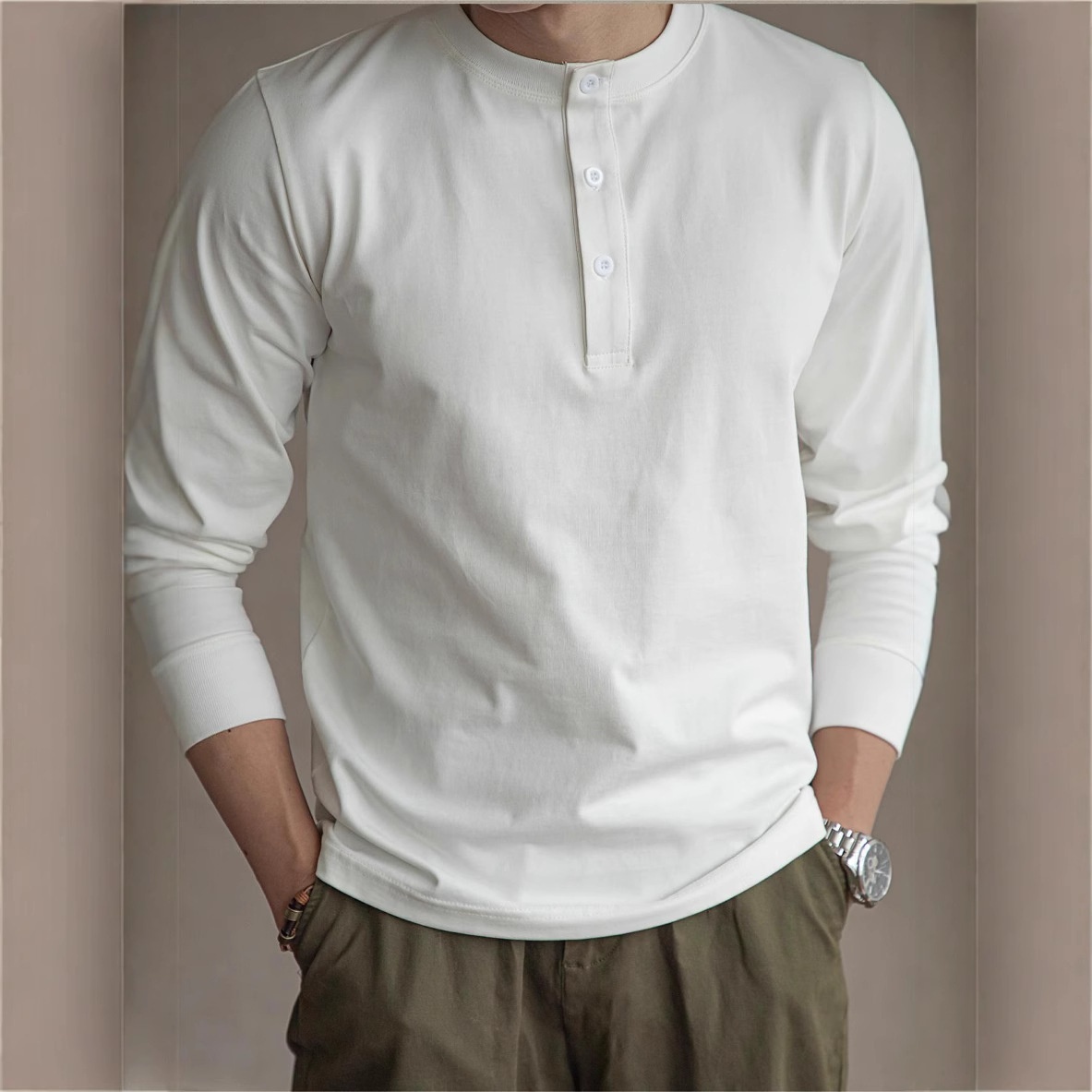 Retro 320g Heavy Henley Shirt Slim Cotton T-shirt