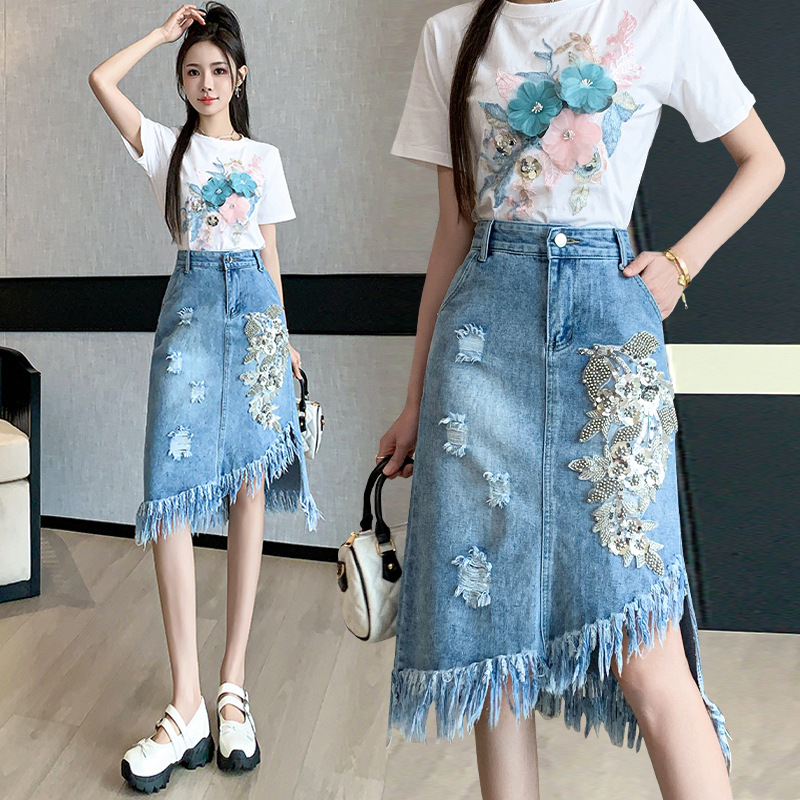 Ripped Flower Asymmetric Denim Skirt Mid-length