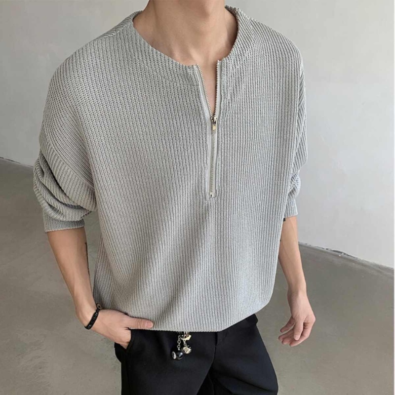 New Texture Sense Henry Collar Half Zipper Sweater For Men