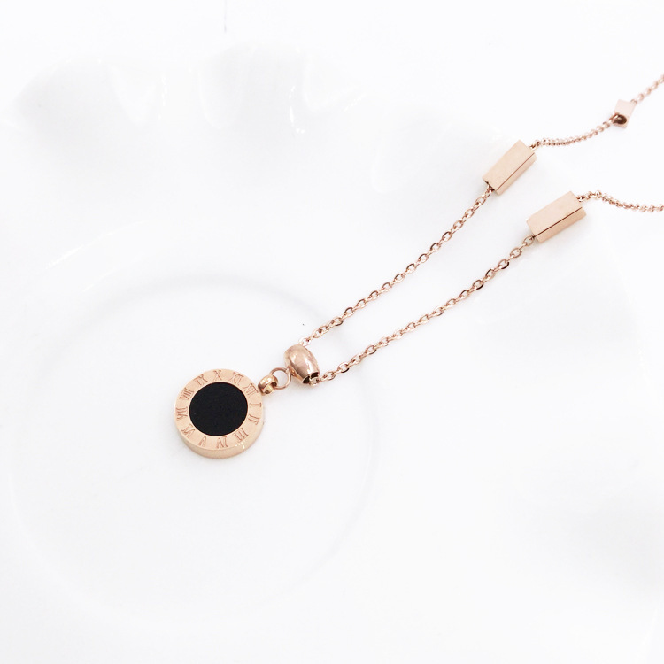 Fashion titanium steel plated 18K rose gold black and white double-sided Roman numerals necklace color gold clavicle chain female short chain