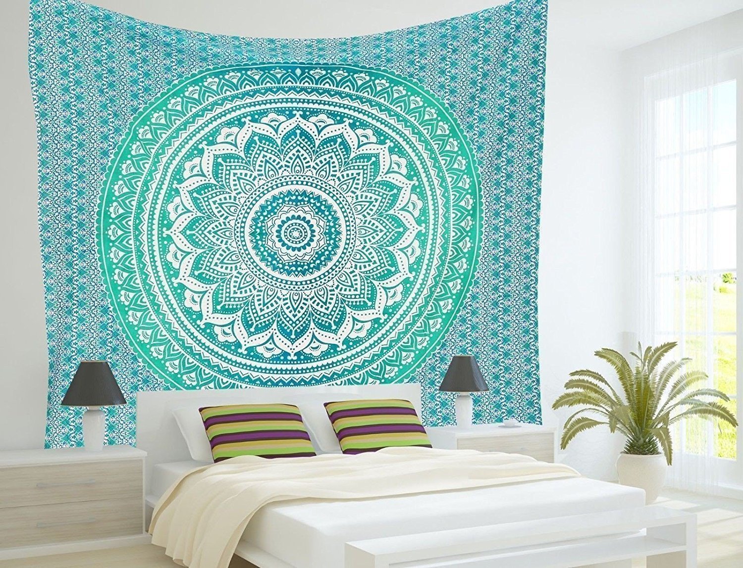 Green Blue Mandala Tapestry Flower Beautiful Wall Art