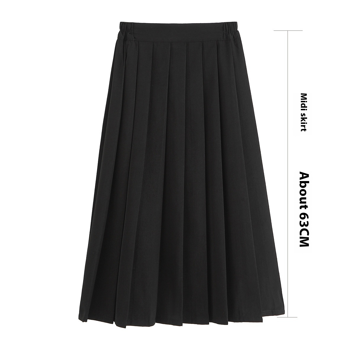 A- Line Plus Size Elastic Waist Black Mid-length Pleated Skirt