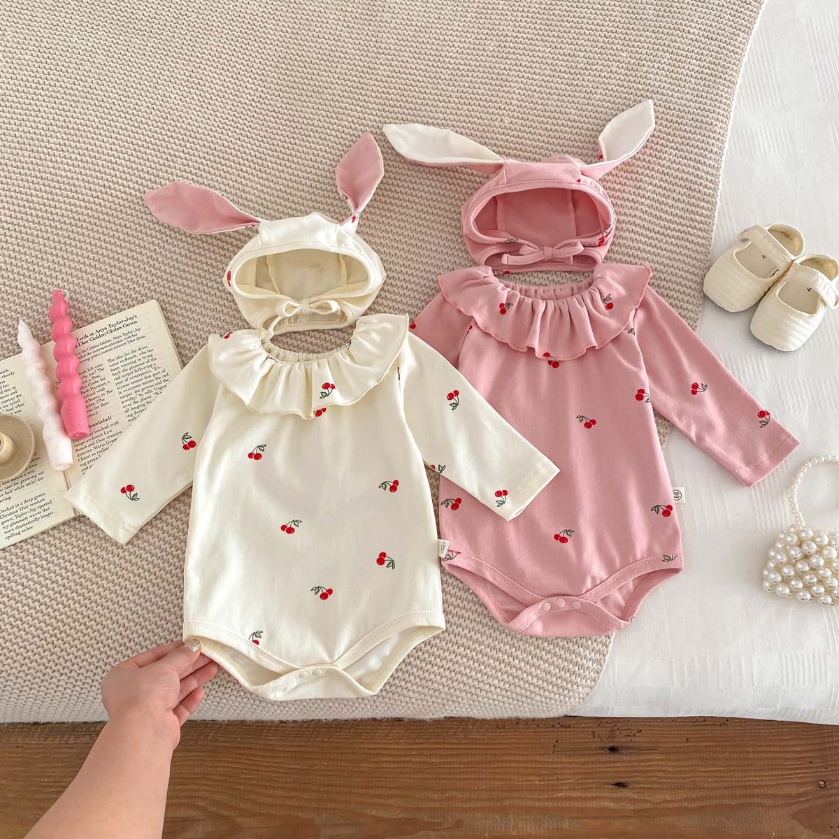 Ruffled Collar Bottom-covering Rompers Newborn 0-2 Years Old Cherry Print Long Sleeve Jumpsuit