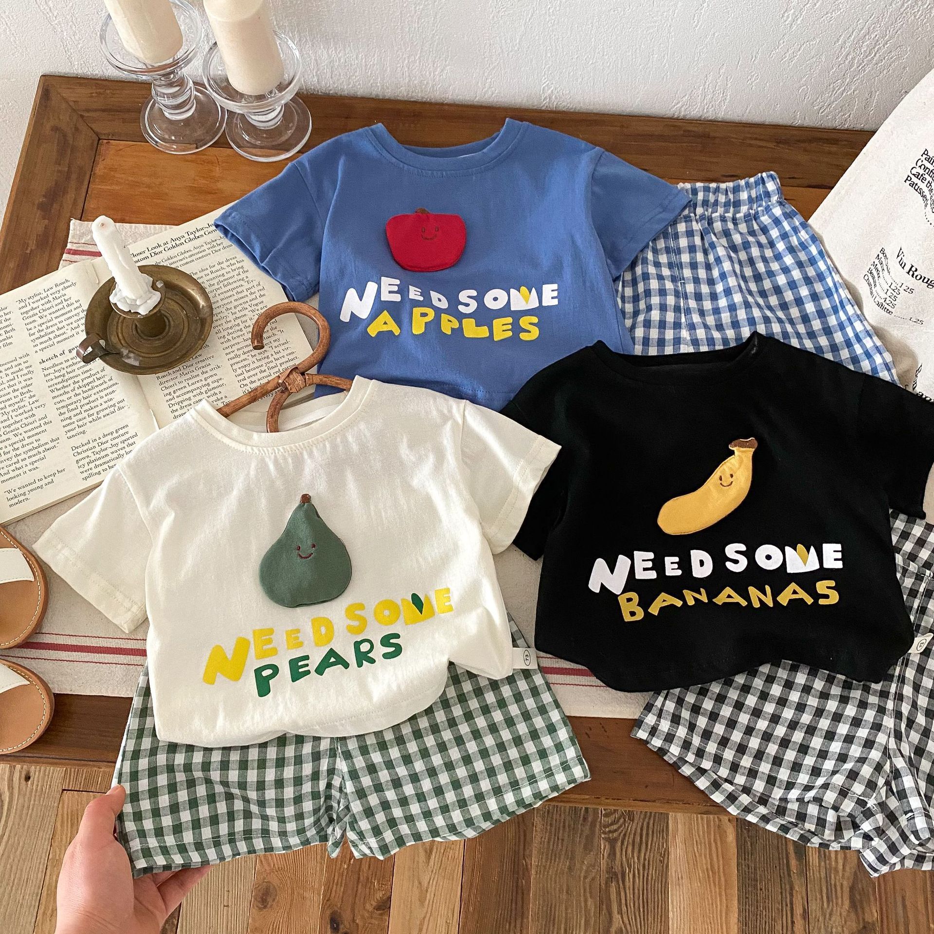Children's Plaid 0-5 Years Old Summer Huzhou Woven Boys' Letter T-shirt Girls' Shorts Two-piece Set