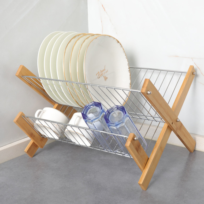 Kitchen Bamboo Folding Dishes Draining Storage Rack