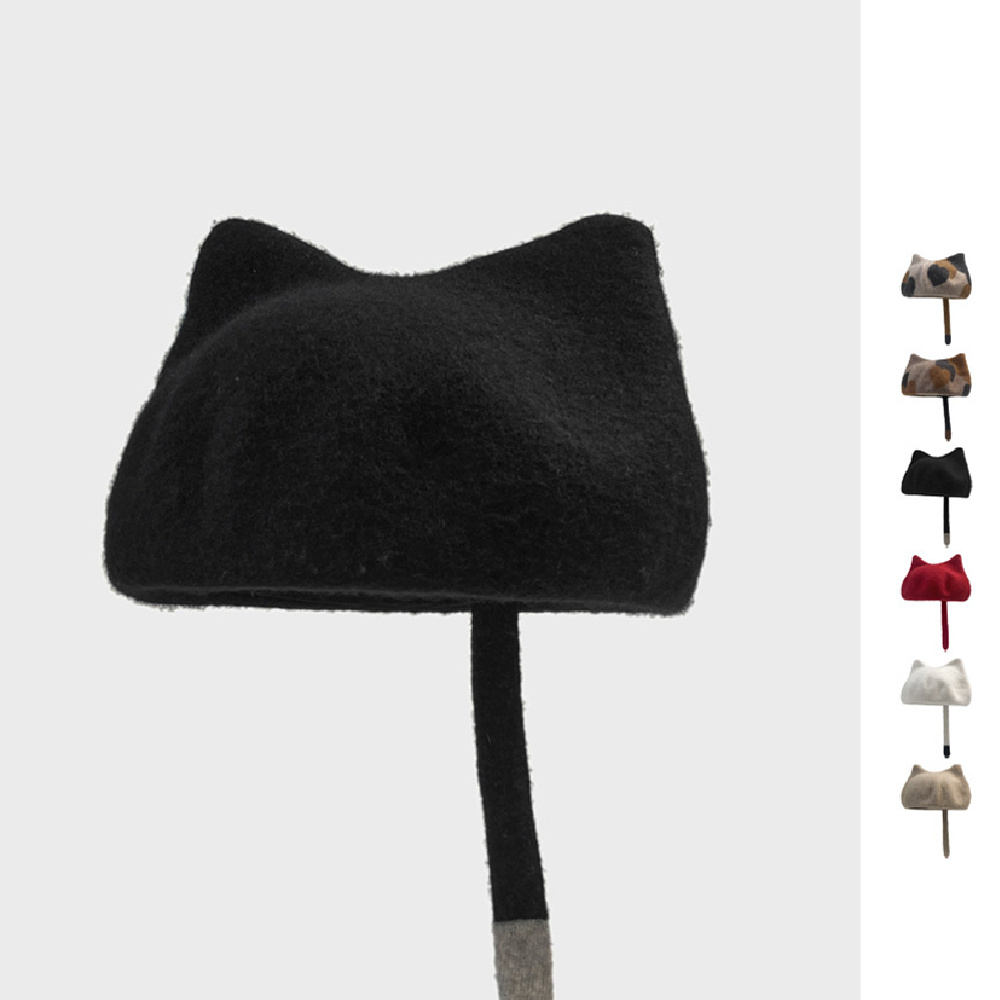 Cute Little Tail Cat Ears Wool Beret Fashion Octagonal Cap