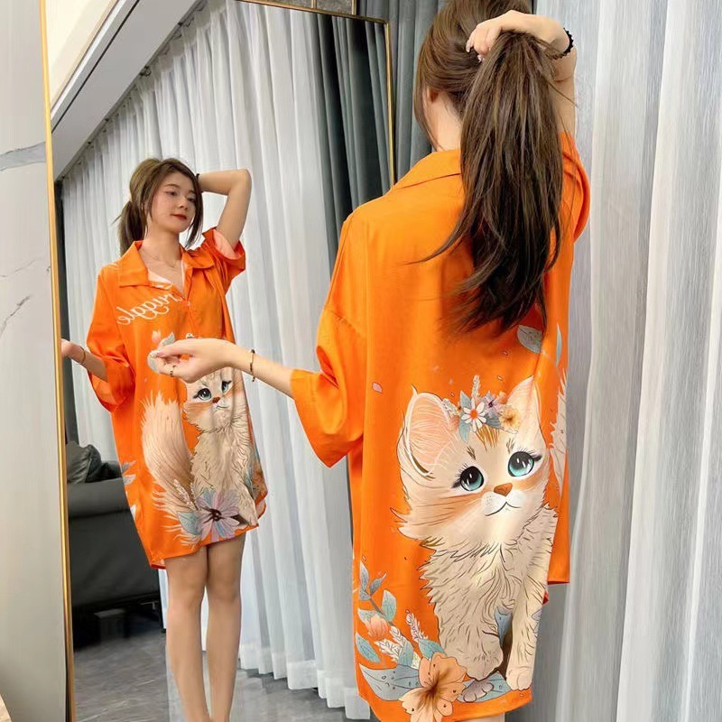 Silk Nightdress Women's Summer Thin Ice Silk Plus Size Loose Pajamas