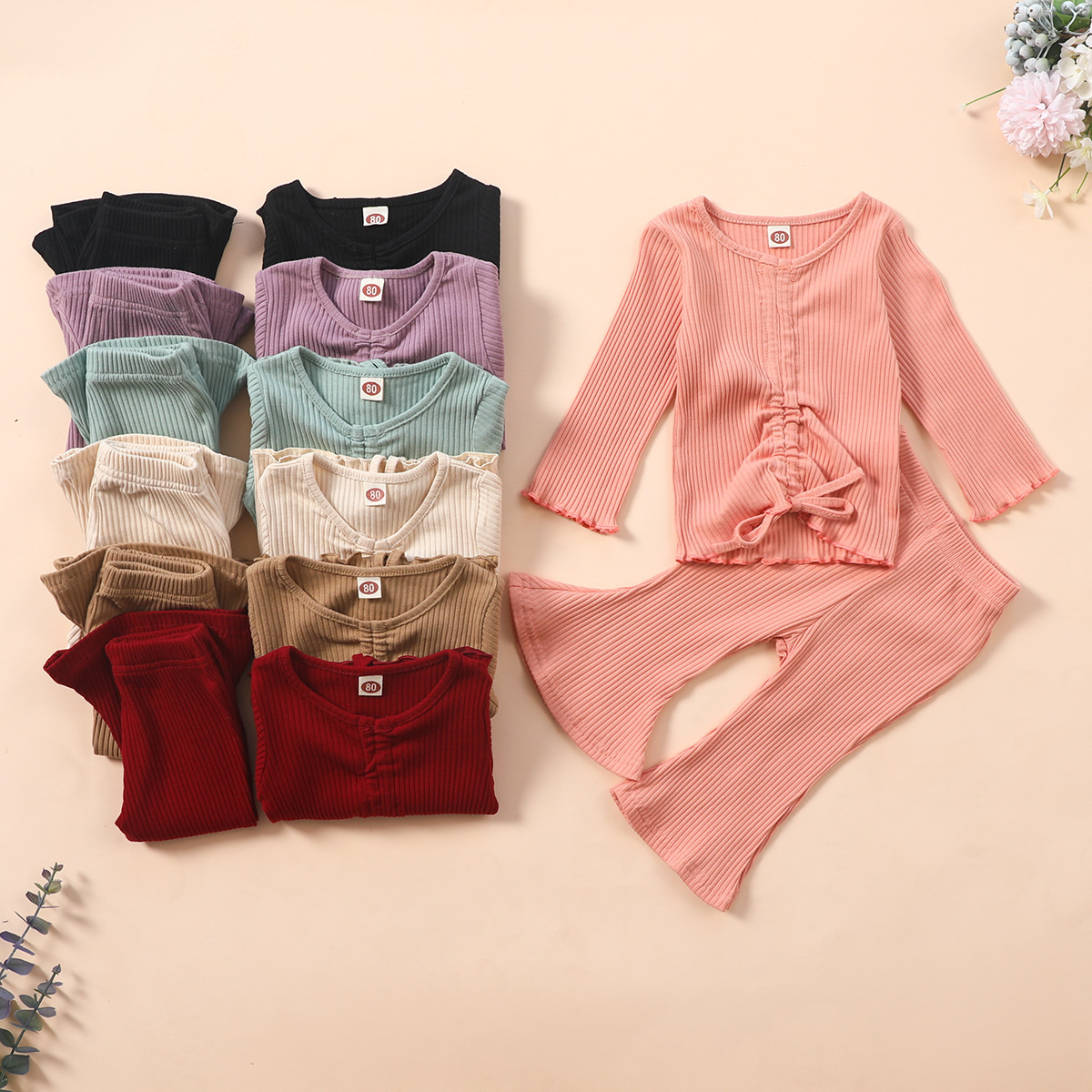 Solid Color Umbilical Exposed Trumpet Sleeve Girls Suit 0-3 Years Old Baby
