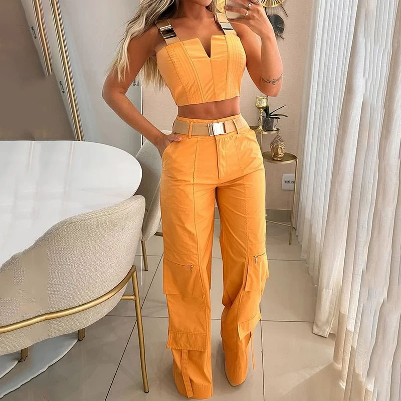 European Crop-top Spaghetti-strap High Waist Straight Pants Two-piece Set