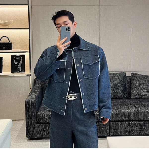 Men's Clothing Design Style High Sense Denim Coat Ins Trendy Raw Edge Padded Shoulder Jacket