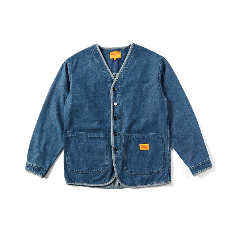 Men's Denim Clothing Men's Large Pocket Collarless Jacket Baggy Coat