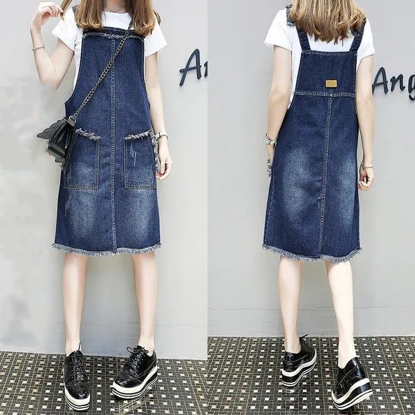 Plus-sized Plus Size Women's Clothing Spring And Summer Slimming Denim Suspender Skirt Slim Fit Dress