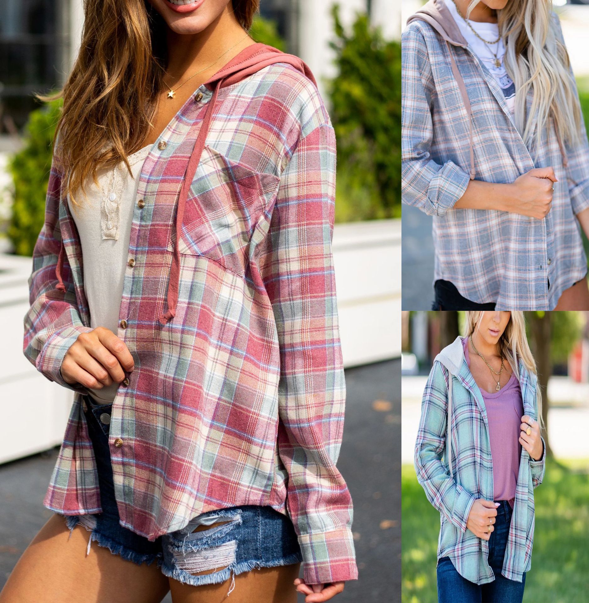 Women's New Loose Hooded Plaid Striped Jacket Shirt