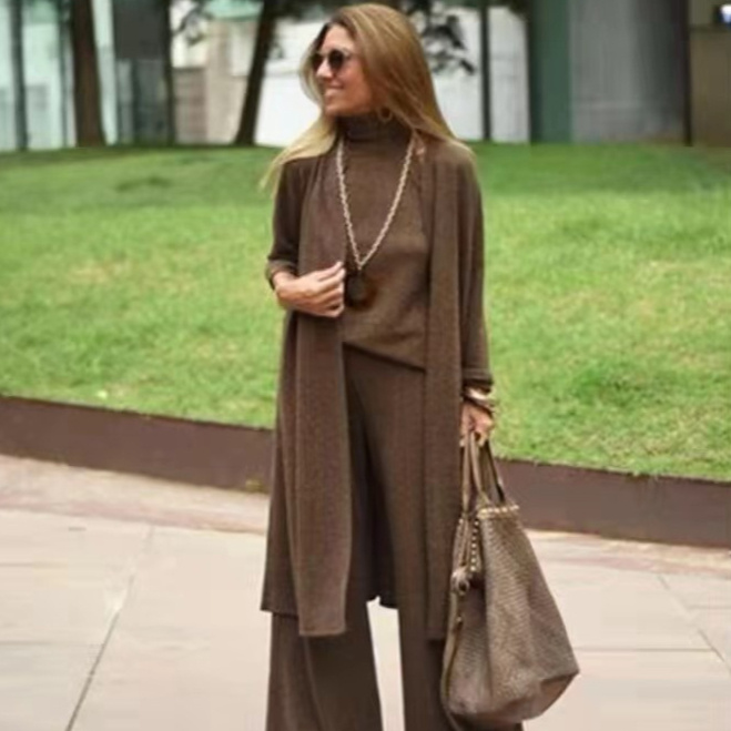 New Casual Fashion Solid Color Long Three-piece Set