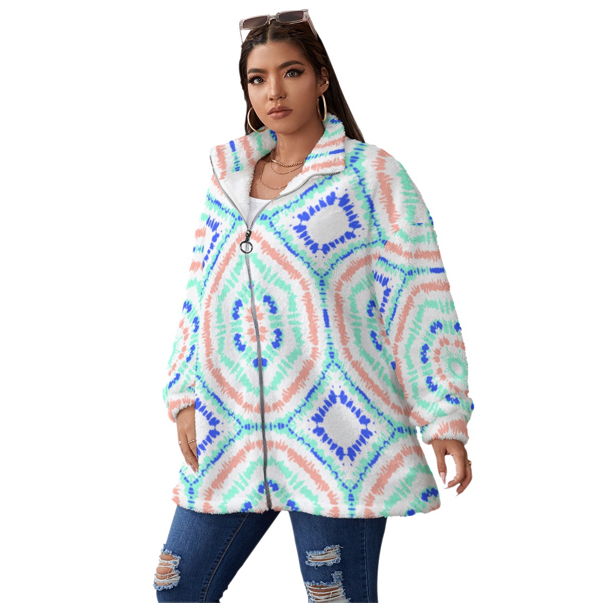 All-Over Print Cozy Stand Collar Fleece Jacket with Zipper