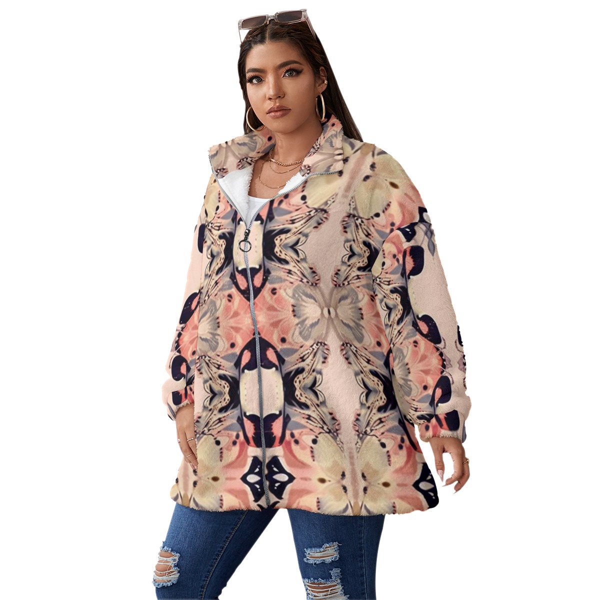 Soft Flannel Borg Fleece Zip Up Coat with Custom Print Design