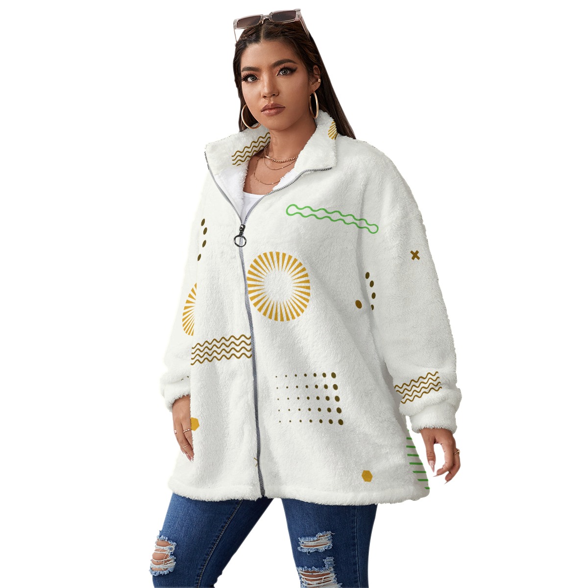 All-Over Print Zip Fleece Jacket with Warm Stand Collar