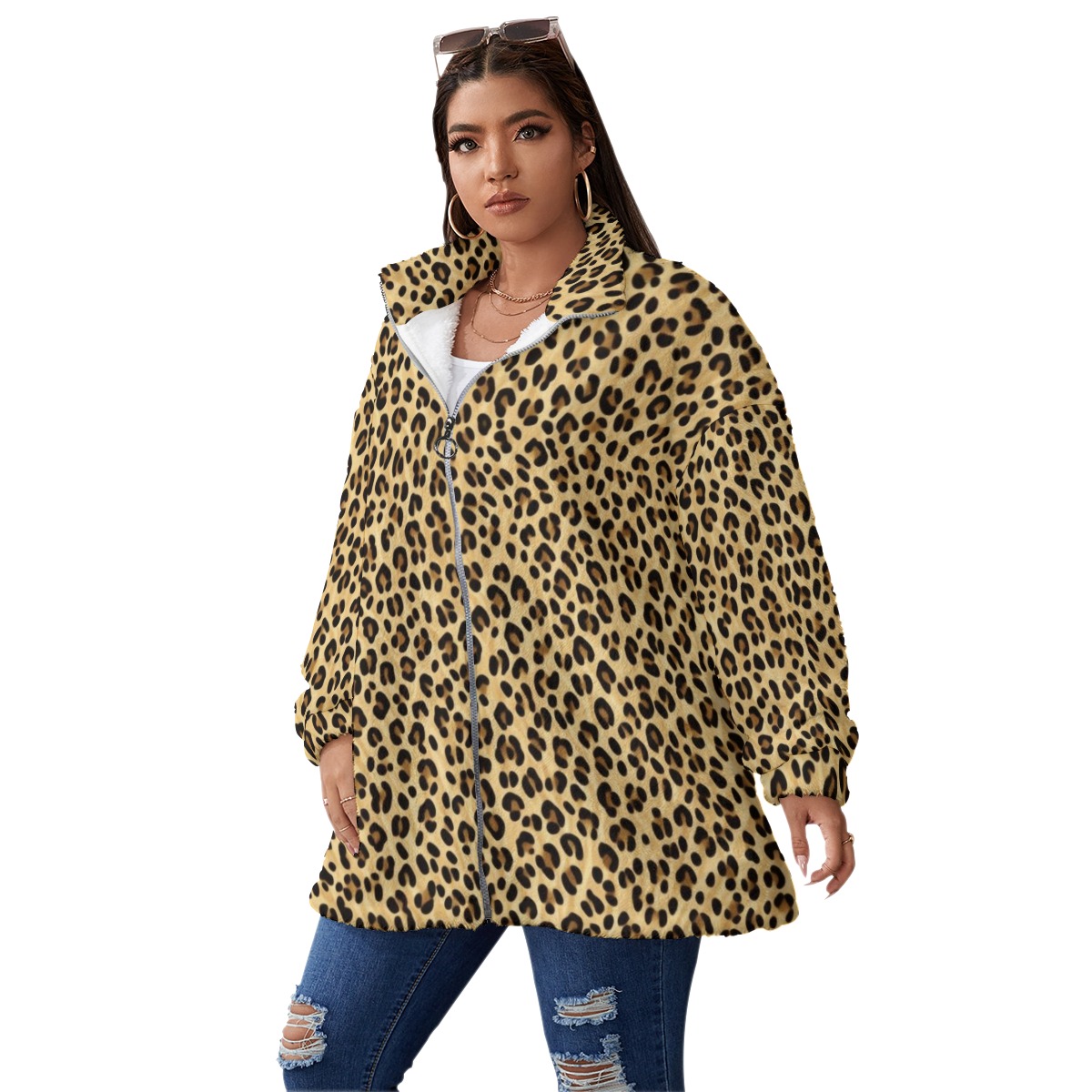 Stylish All-Over Print Winter Coat in Borg Fleece (Plus Size)