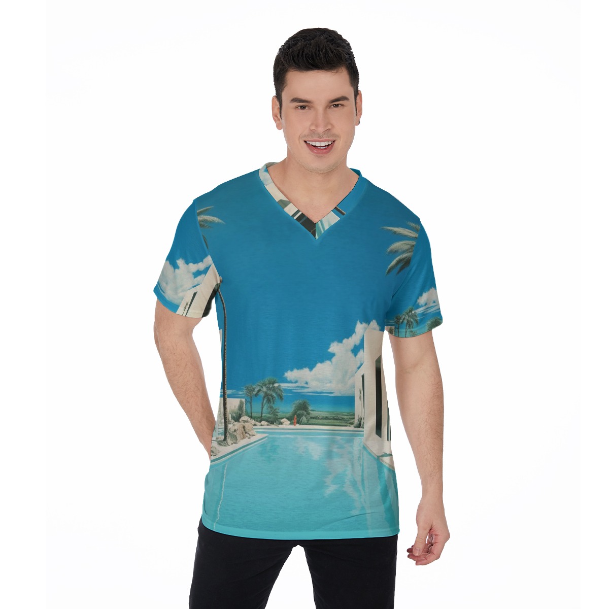 V-Neck T-Shirt with Tropical Blue Sky & Water Scene for All Seasons