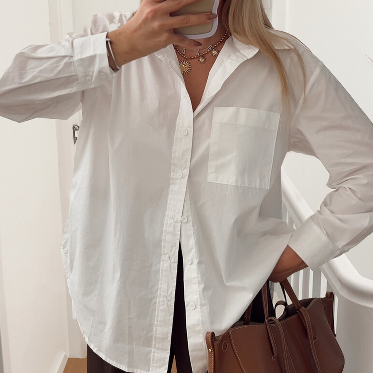 Leisure Commute Simple Style Solid Color Cardigan Pocket Top Long Sleeve Shirt For Women